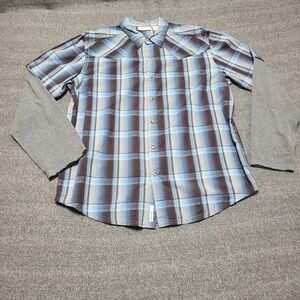 DKNY JEANS Mens Plaid Long Sleeve Button Down Shirt Blue Brown XL